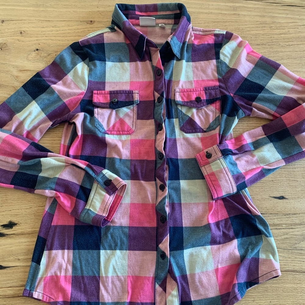 Urban Girl‎ Plaid Button Down Poly Shirt Pink Blue Women’s Medium Preloved